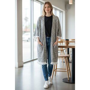 EST. 1946 Gray White Relax Open Front Cardigan Fringe Hem Pockets Womens XL